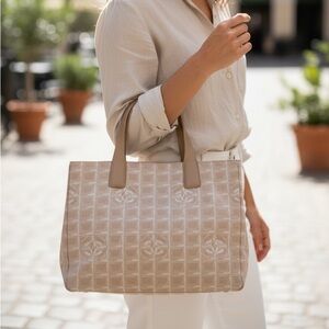 Chanel Vintage Beige Nylon New Travel Line Tote Shoulder Bag